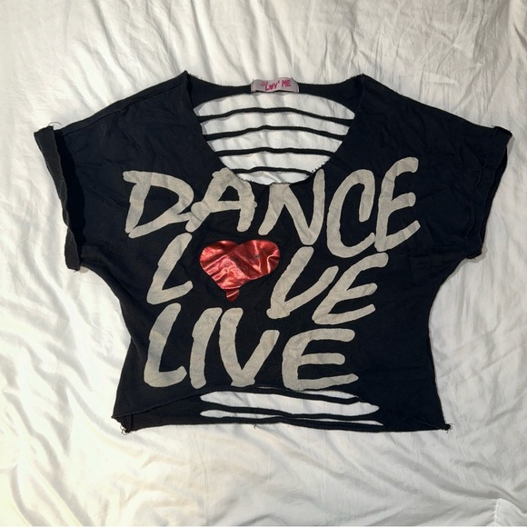 Luv’ Me | Dance Love Live Graphic Distressed Ripped Back Cropped Tee Shirt - Picture 5 of 14